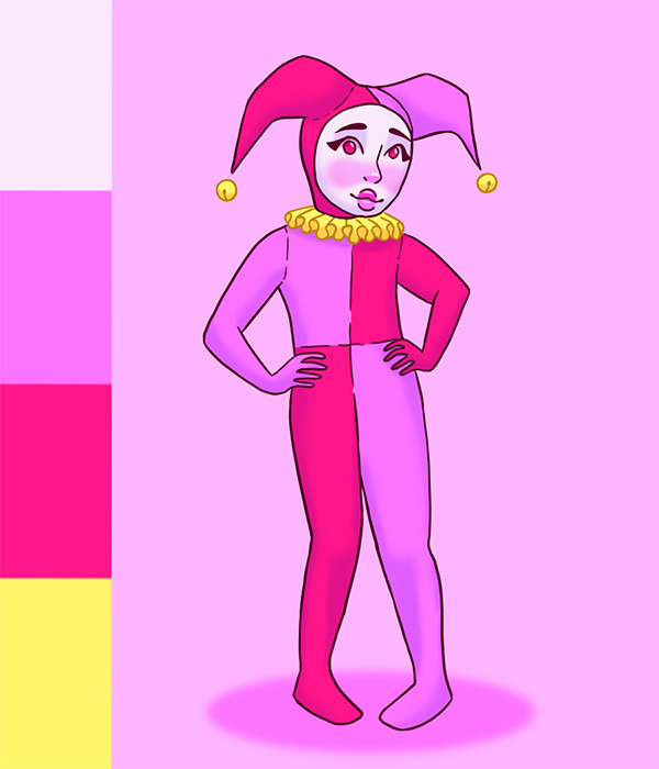 a digital drawing of a jester wearing a pink costume